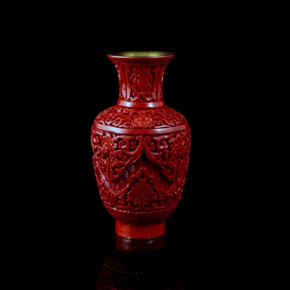 Cinnabar Resin Brass Vase Ornate Carving by charmings on Etsy