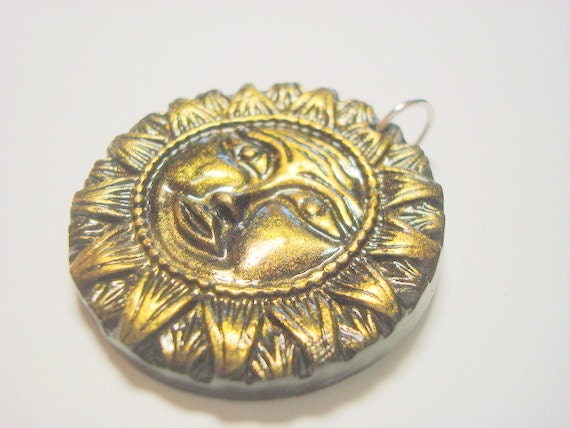 Black and Gold Handmade Polymer Clay Sun Pendant
