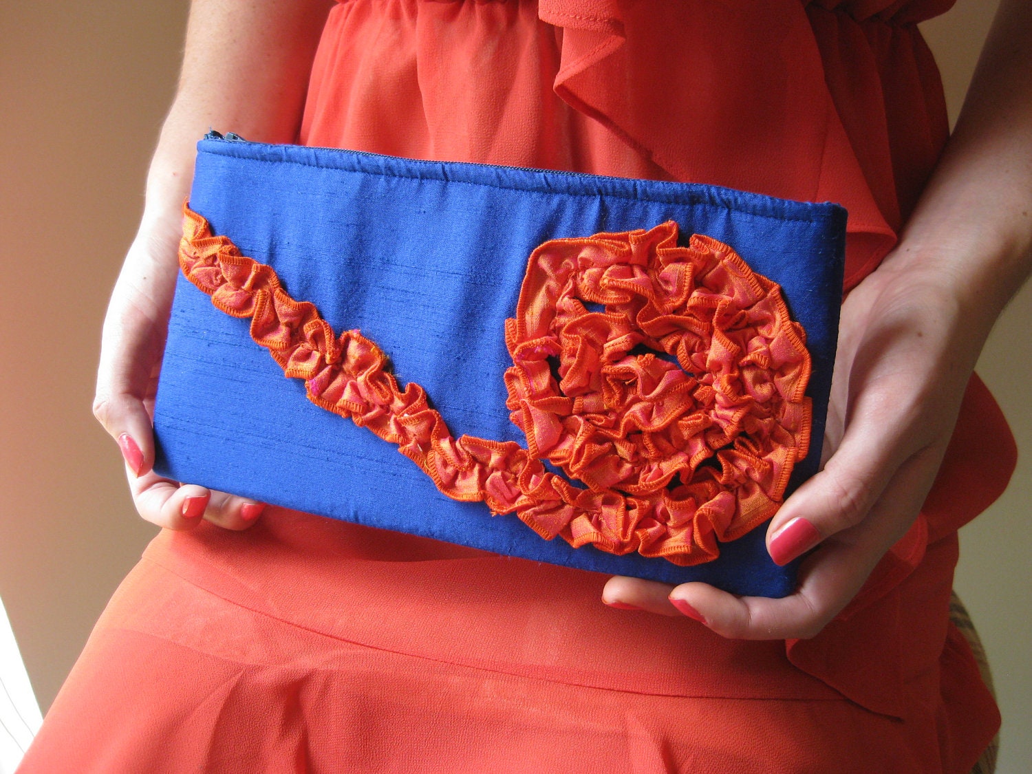 Clutch - The Kimberly Clutch in royal blue and orange silk dupioni , Something Blue Wedding Purse, Bridesmaids ruffle bag