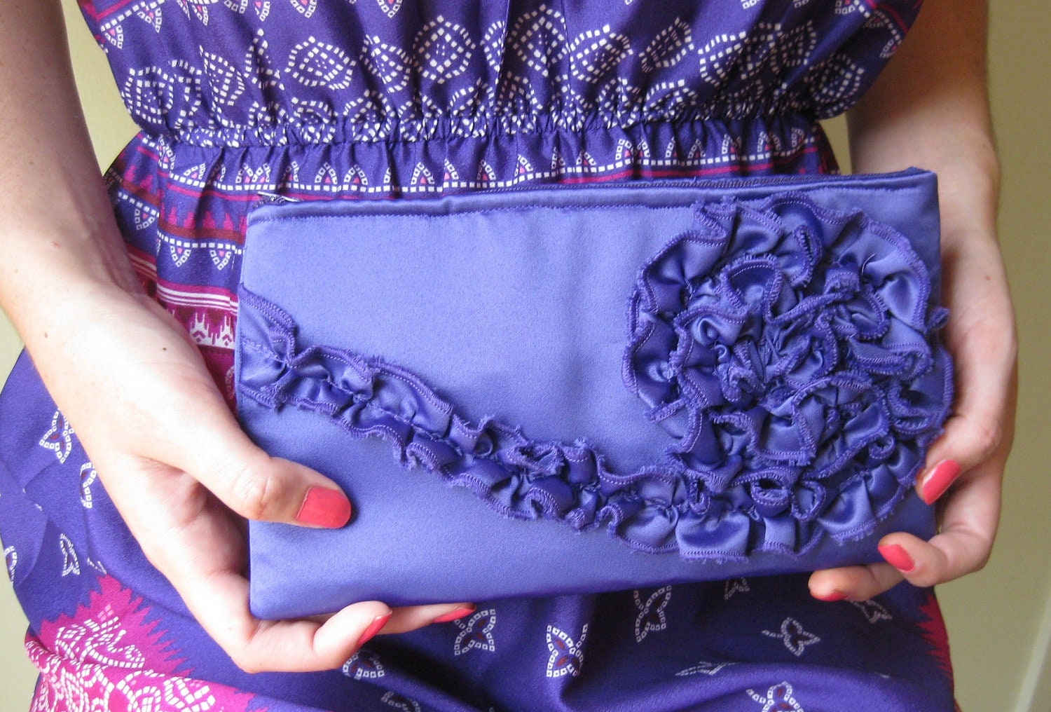 Clutch - The Kimberly Clutch - Royal Purple Duchess Satin, Bridal Purse, Wedding Bag, Bridesmaids Ruffle Clutch, Formal Evening Wear Purse
