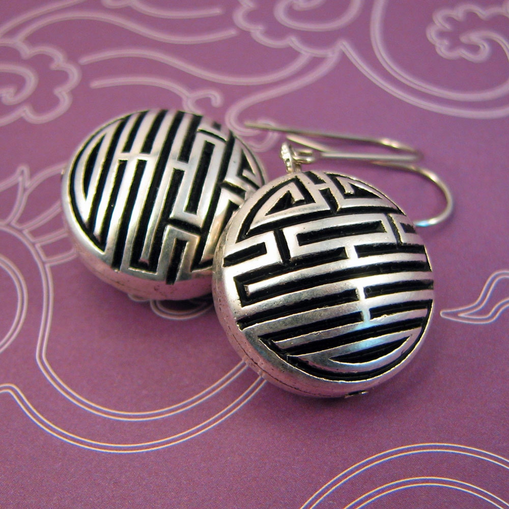 Asian symbol earrings - circular geometric earrings - antique silver dangle