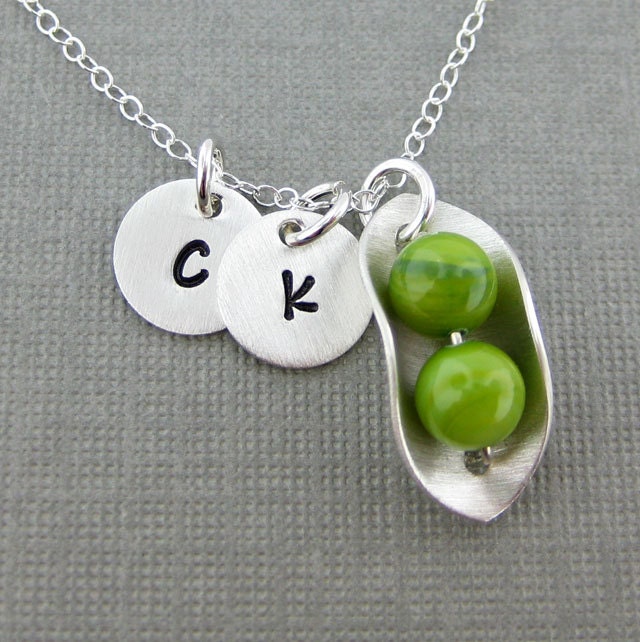 Two PEAS IN A POD Necklace with Two Initial Charms - Sterling silver and Green mother of pearls