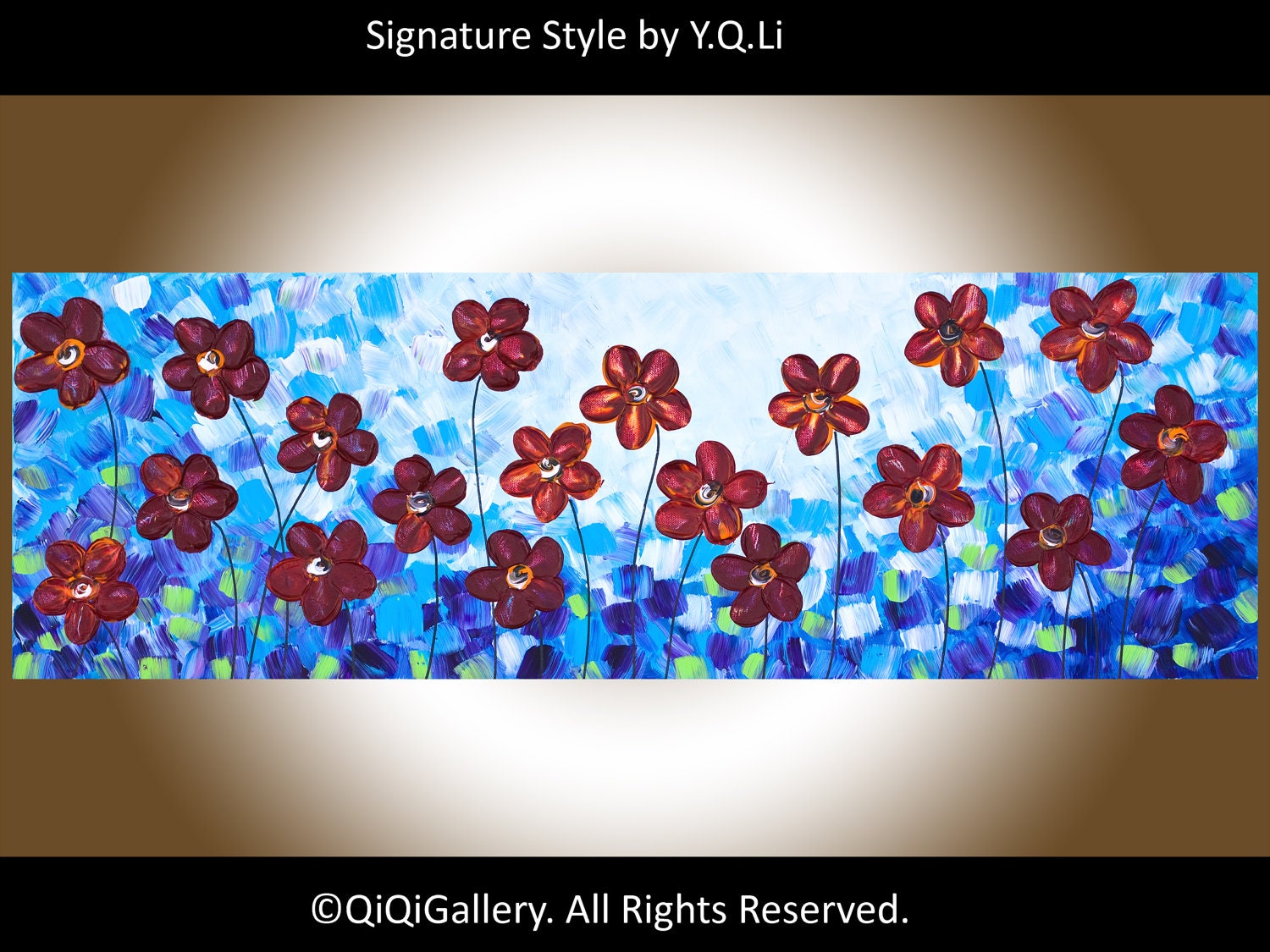 Abstract Landscape Painting 36" Original Modern Heavy Texture Impasto Palette Knife Acrylic "Crimson Blossom" by QIQIGALLERY