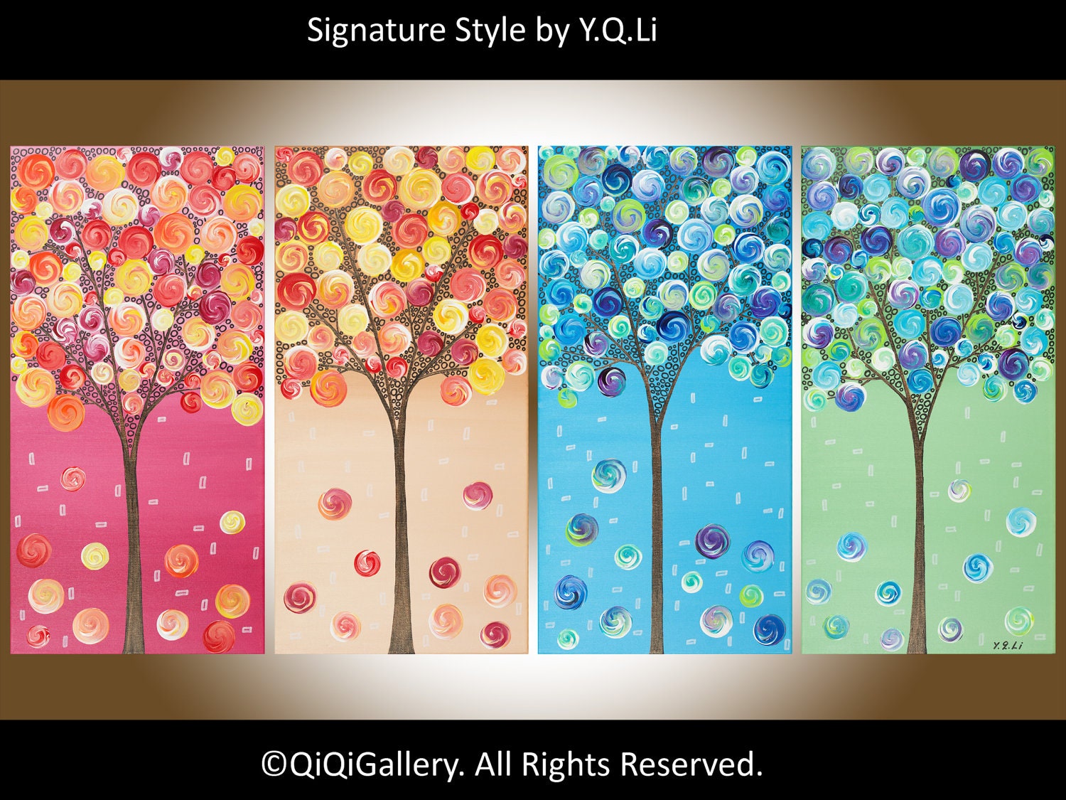 Four Season trees Abstract Landscape Painting Original Modern Heavy Texture Impasto Wall Décor Tree "The Ever Lasting Love"