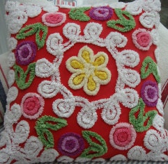 20" Down & Feather Christmas Red Vintage Chenille Cottage Shabby Chic Pillow
