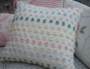 Vintage Chenille Pillow 18" French Pink White Yellow Pops Cottage Shabby Chic