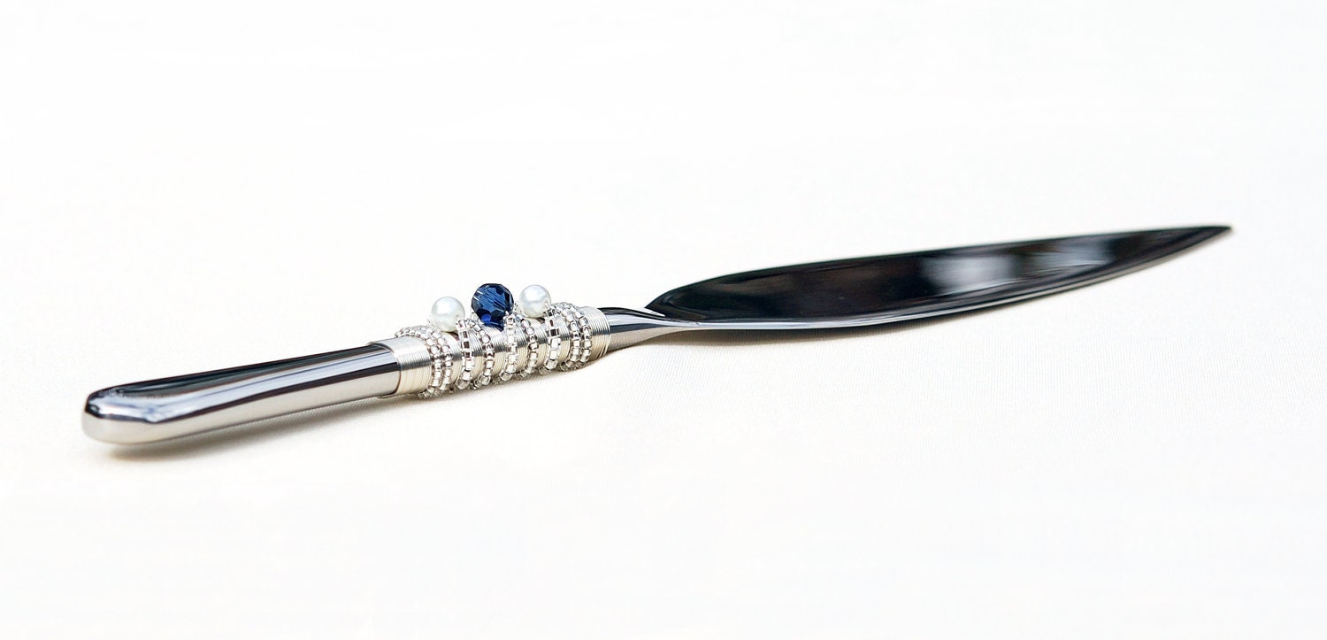 CUSTOM Wedding Cake Server And Knife Cutter CHOOSE Your COLORS Crystal Glass And Swarovski Pearl  Cuts And Serves Serving