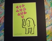 Elephant Love-Mixed Media Linocut 5 x 7 in 8 x 10 Mat