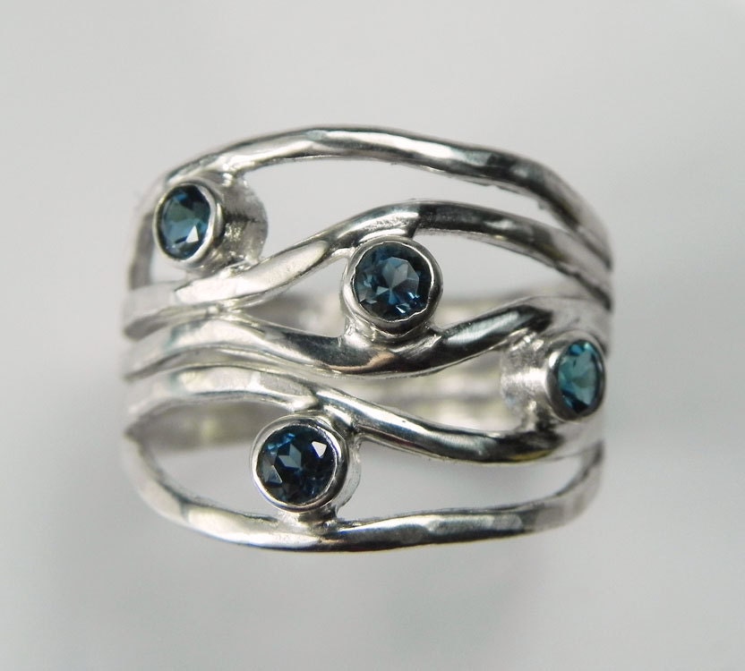 Blue Topaz Ring - Teal Blue Wave Gemstone Ring - London Blue Topaz Jewelry - Unique Artisan Gemstone Jewelry - Sterling Silver Ripple Ring