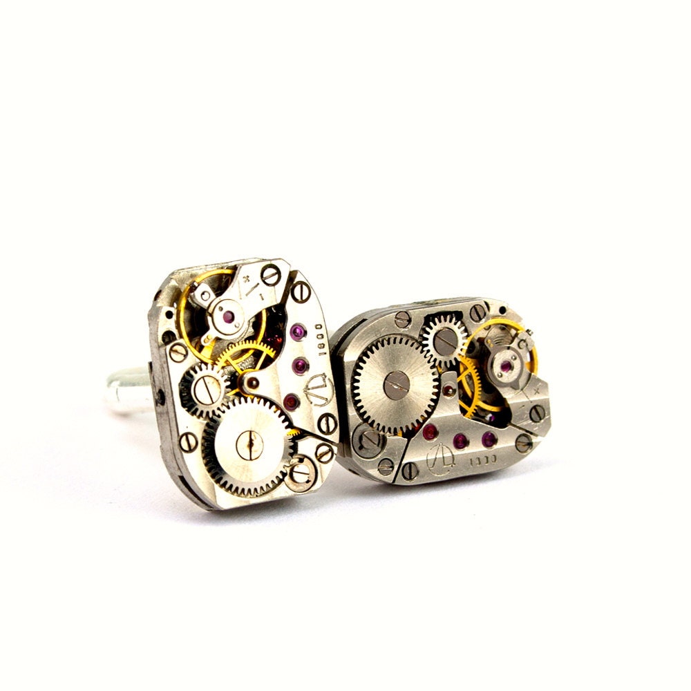 Steampunk Cufflinks - Handsome Vintage Russian Men's Clockwork Cuff Link Design PROMPTLY SHIPPED - Steampunk Jewelry By London Particulars
