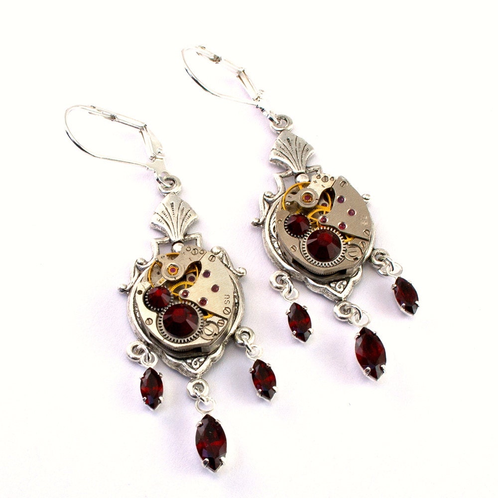 Steampunk Earrings - Vintage Watch Movements & Siam RED Swarovski Crystals Promptly Shipped - Steampunk Jewelry