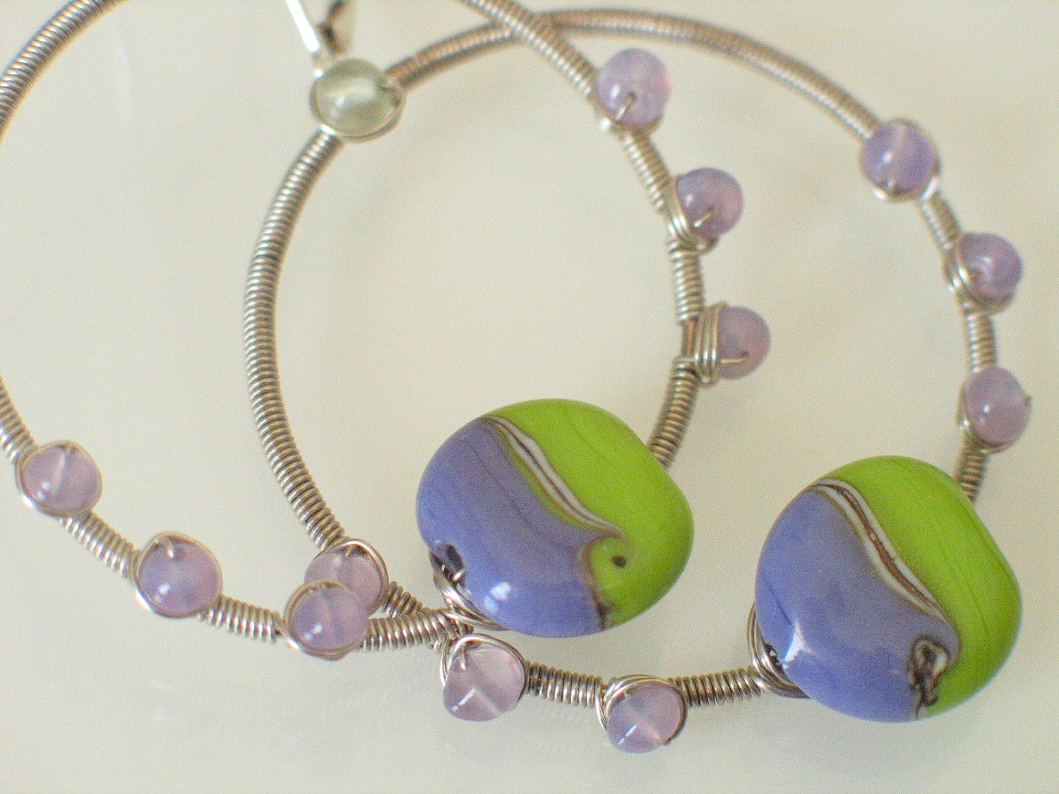 Purple Stone Earrings - Lavender Green Lampwork Earrings - Gemstone Holly Blue Chalcedony Prehnite - Sterling Silver - Hoops
