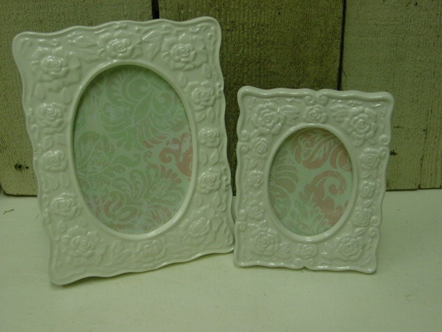 HALF PRICE SALE / pair of Vintage Shabby Cottage Chic frames / shabby chic white frames embossed with roses /
