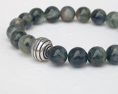 Natural Kyanite Blue and Green Smooth Polished Round Bead Sterling Silver Stretch Bracelet