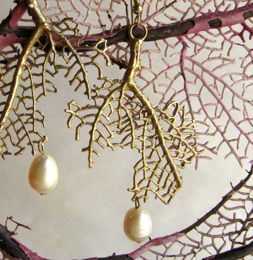 Sea Fan Coral Earrings with Baroque Pearl Drop Studio cast in golden bronze