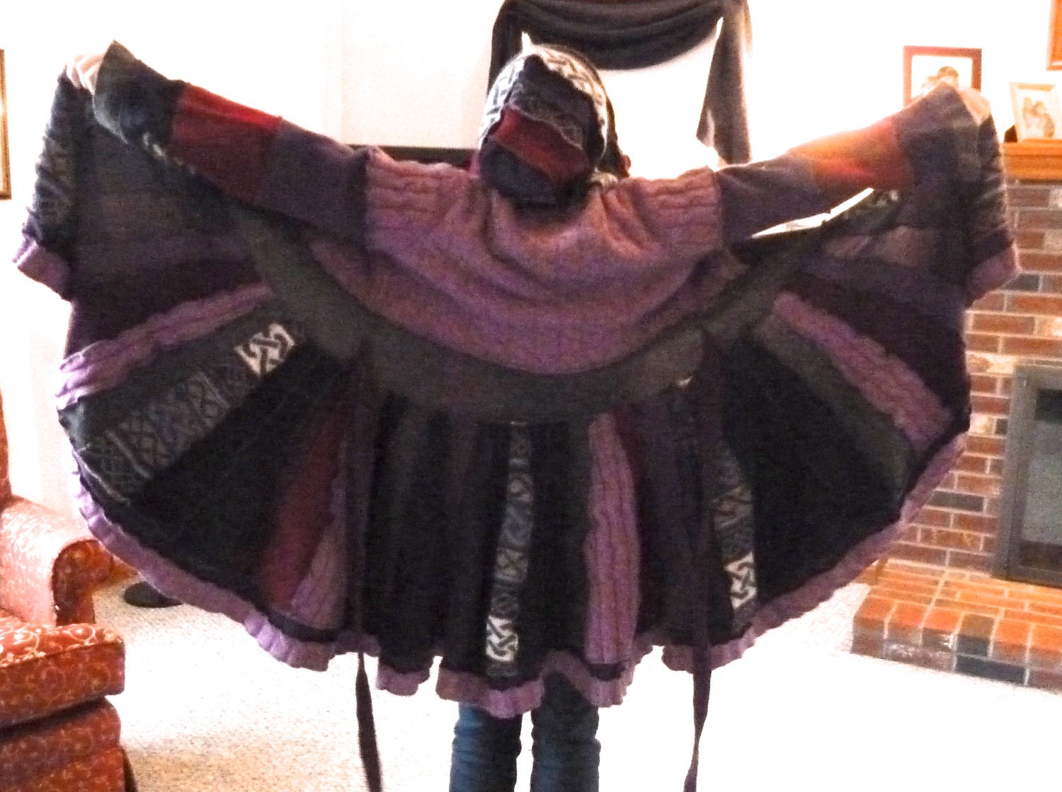 Upcycled Sweater Coat in Burgundy, Raspberry and Charcoal Gray 100% Felted Wool with Button Front, Hood, thumb holes