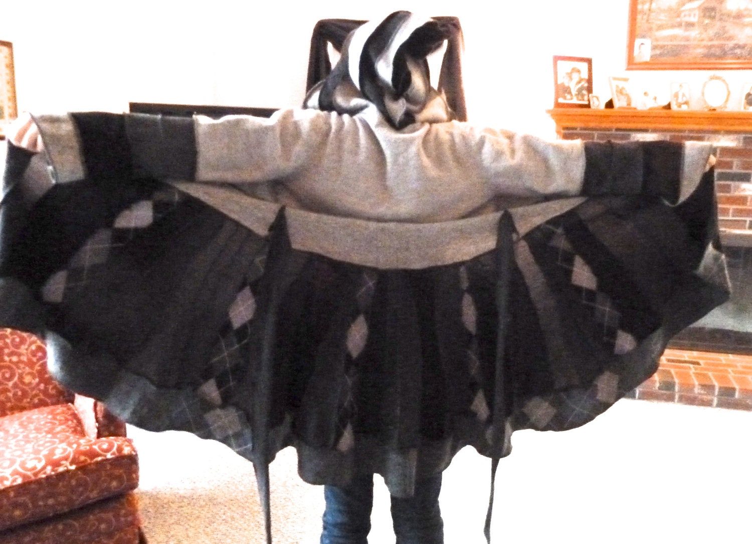 Upcycled Sweater Coat in Grays and Black 100% Felted Wool with Button Front, Hood, Thumb Holes