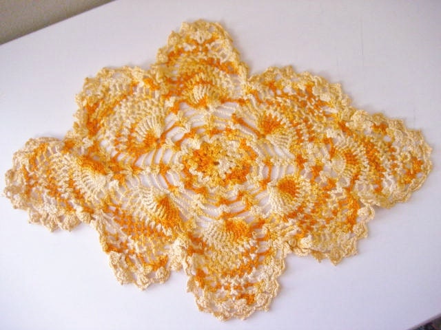 FREE SHIPPING-Vintage Bright Orange Oblong Handmade Doily
