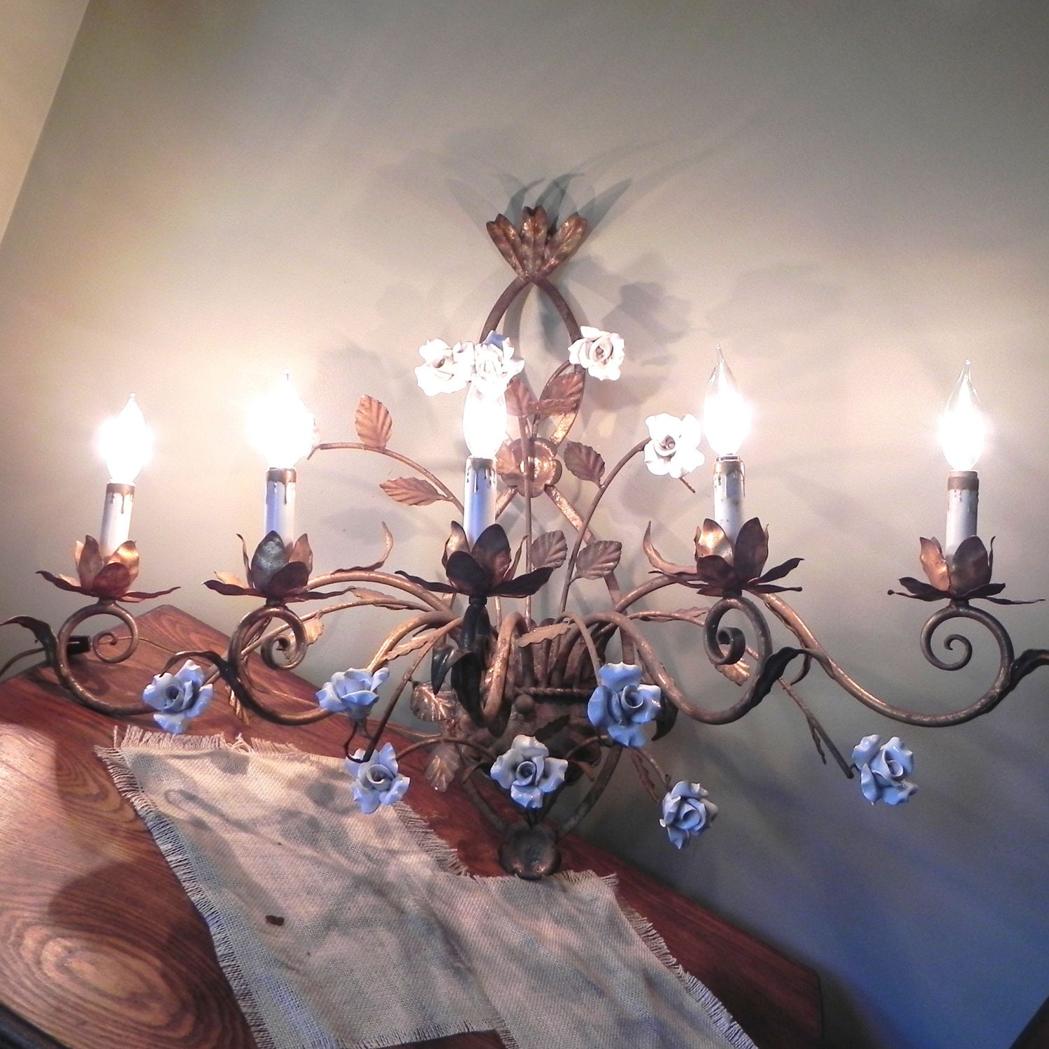 Vintage Italian sconce - large gilt gold and white enamel roses - dining room elegance Hollywood Regency electric bulb