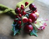 mistletoe.... cranberry red glittered stamen ribbon posy