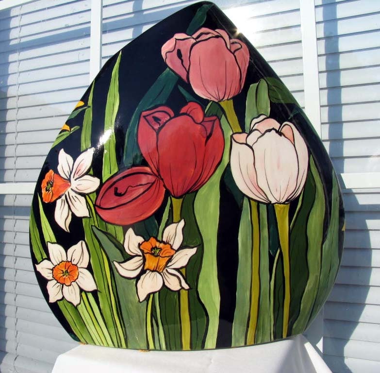Unique Handpainted Ceramic Triangle Vase Spring Flowers Tulips Daffodils Iris