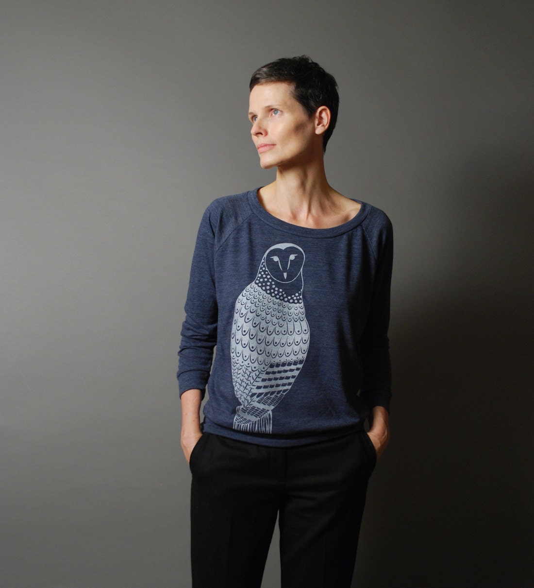 SALE - Blue Pullover Sweatshirt - Silver Metallic Cosmic Owl Print