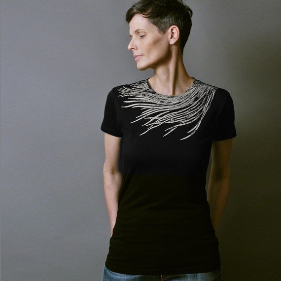 Womens Fashion T shirt with Silver Feather  - Metallic Peacock Feather Print  - Black T shirt