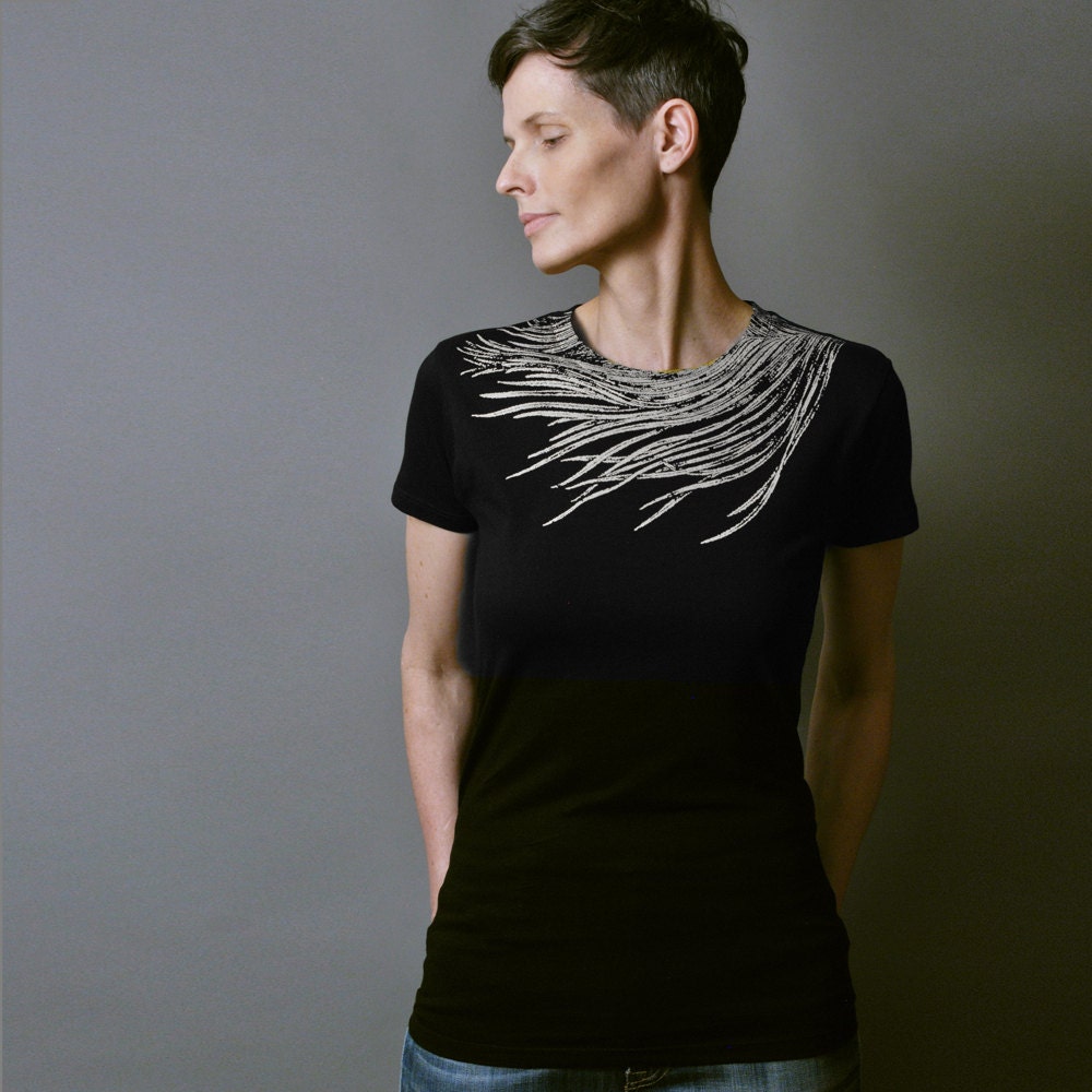 Womens Fashion T shirt with Silver Feather  - Metallic Peacock Feather Print  - Black T shirt