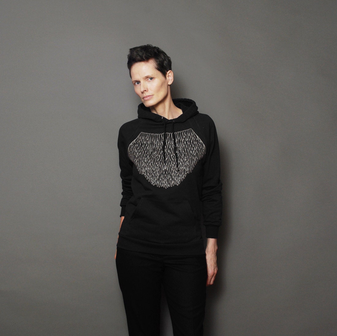 Womens Black Spring Pullover Hoodie with Silver Lace Geometric Print - Long Sleeved Sweatshirt
