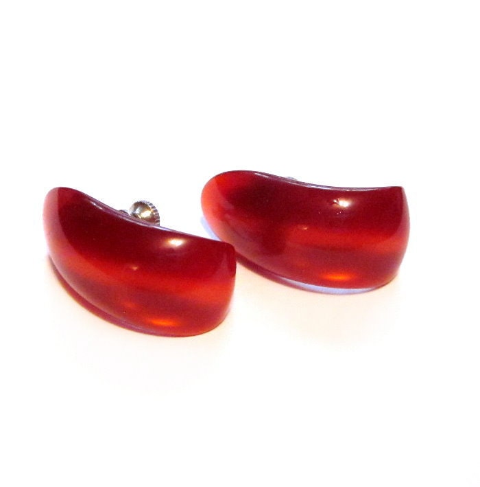 Mod Moonglow Lucite Earrings, Red Hoops