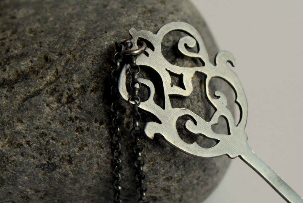 Black Steampunk Victorian Style Skeleton Key in Oxidized Sterling Silver Necklace
