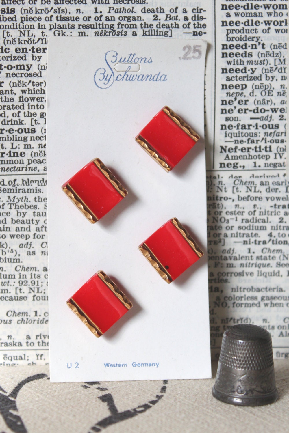 Vintage glass Schwanda NOS buttons red gold Square qty 4