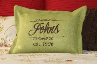 Burlap Pillow Embroidered with Family Name