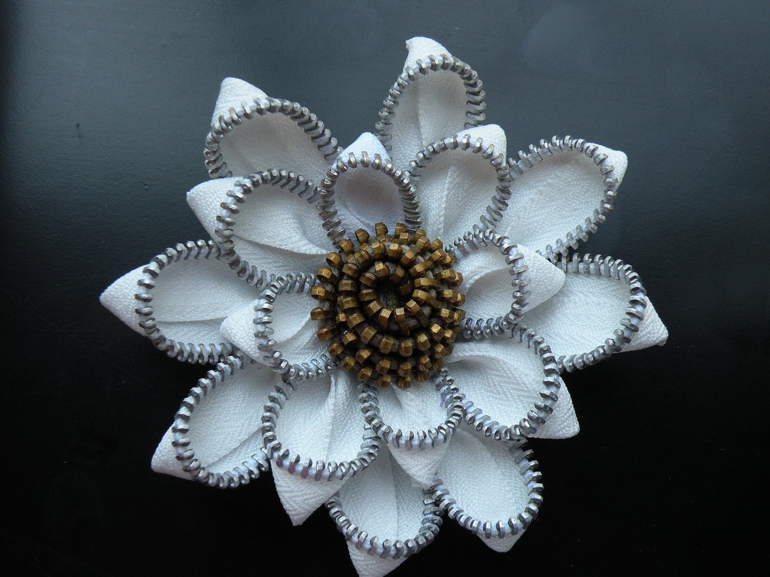 White Recycled Vintage Flower Brooch Zipper Pin or Hair Clip
