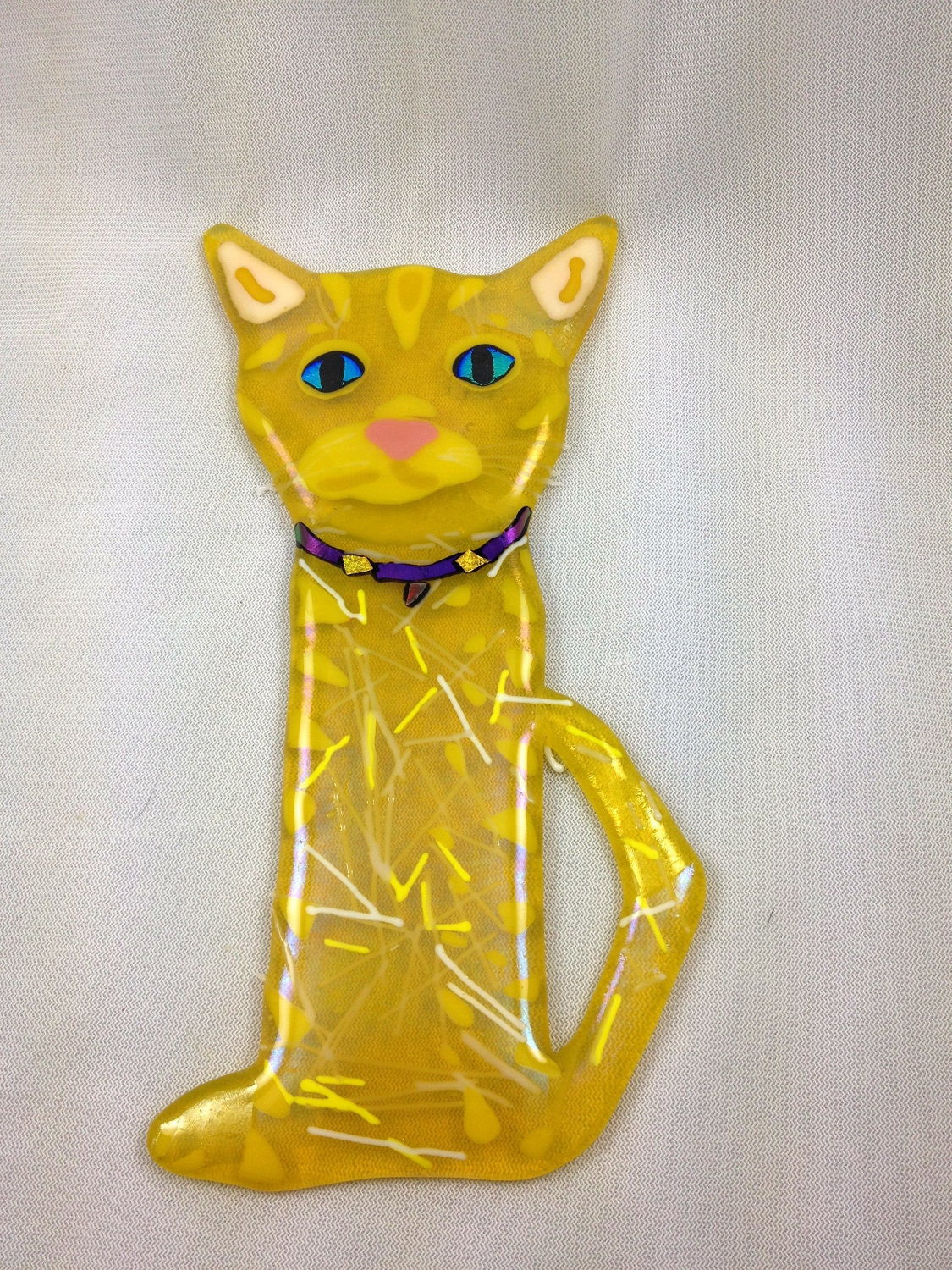 Sunshine yellow, lemon striped fused glass siamese tabby cat - wall decor
