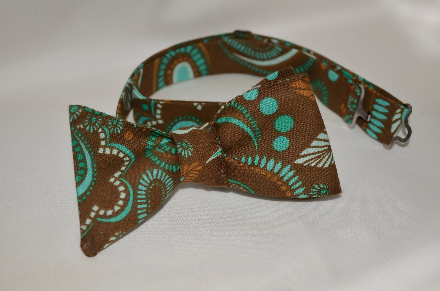 Chocolate and Teal Paisley Cotton Adjustable Bow Tie