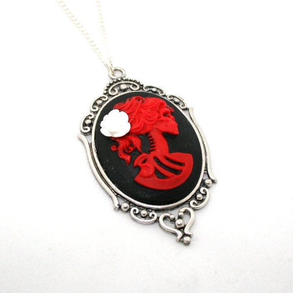 SALE - Halloween Bride Necklace, Skeleton Cameo, Lolita, Day of the Dead