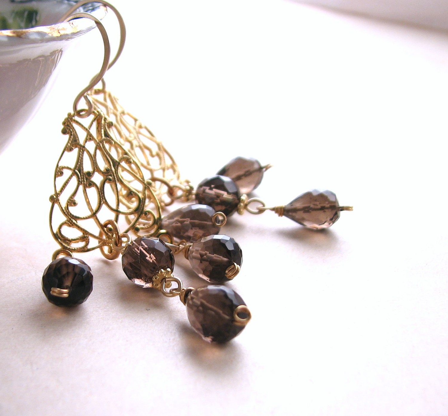 Smoky Quartz and Filigree chandelier earrings