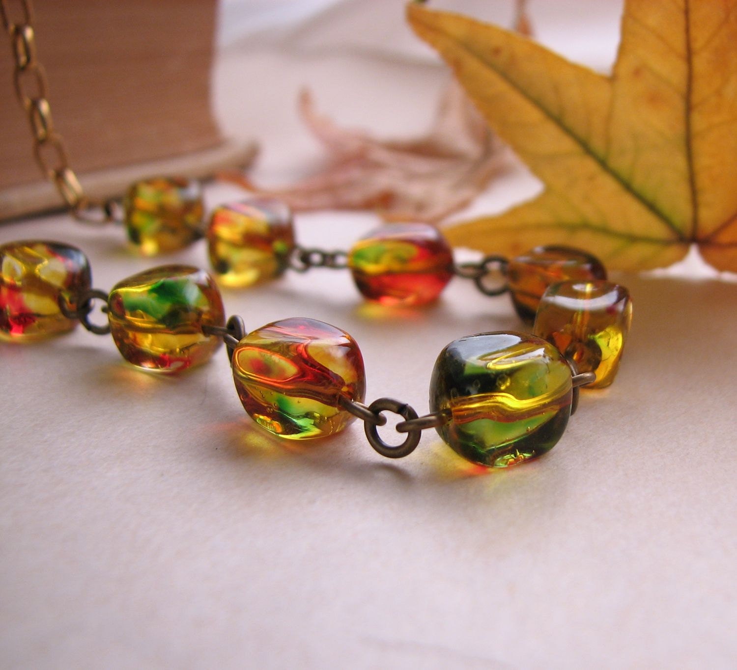Fall color necklace with vintage glass beads