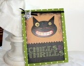 Handmade Card Frightened Jack O Lantern Card Pumpkin Black Tinsel Orange Polka Dots Green Paper Flowers