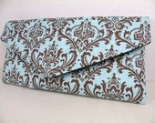 Envelope Clutch Evening Bag Purse Weddings Bride Bridesmaid Kelso (French) Blue and Chocolate Brown MADISON Damask