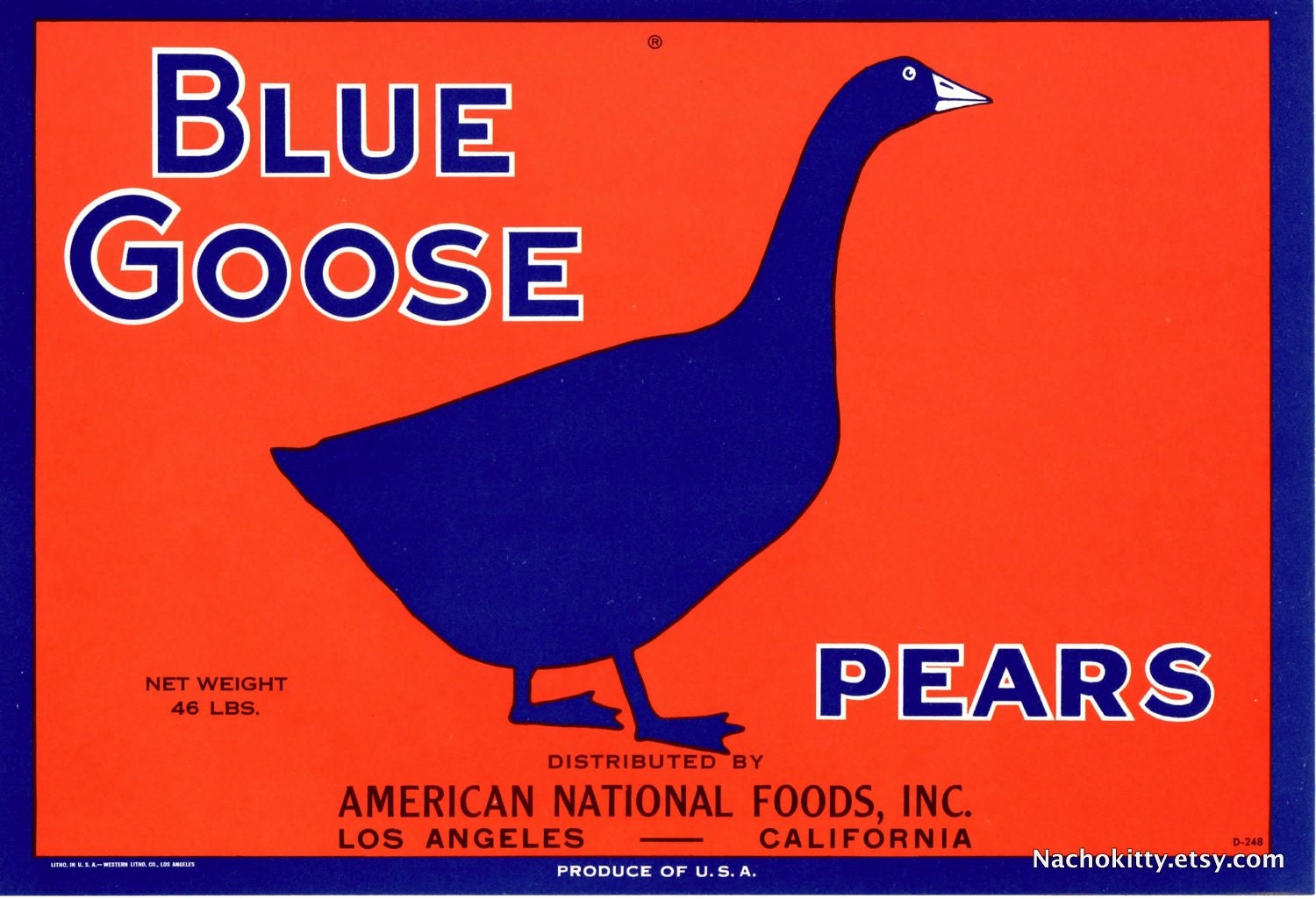 1940s Blue Goose Pear Fruit Label NMint Condition Ready to Frame