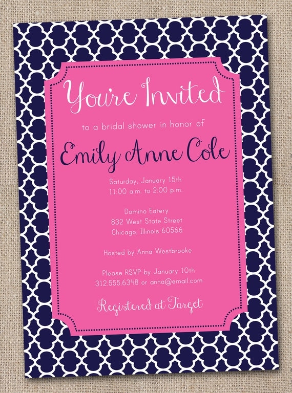 Printable Bridal Shower Invitation Navy Blue Quatrefoil with Pink Il_570xn