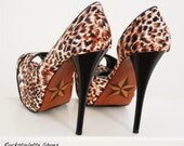 Starlette Stilettos, Edgy and Feminine Hand Painted Peep Toe Heels, Leopard Print Womens Size 7