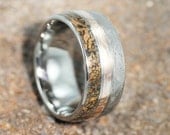 Unique Statement Ring - Titanium Band with Meteorite, Dinosaur Bone and Mokume Gane  Pinstripes