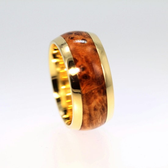 Mens Wood Ring - Black Ash Burl Wood Inlay on 18K Yellow Gold Band - Reclaimed Wood