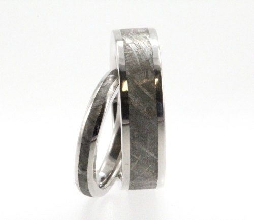 Meteorite Ring inlaid in Titanium - Wedding Band Set - Meteor Ring Signature Series