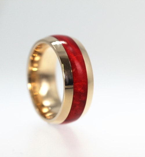 Mens Wood Ring - Ruby Red Wood Inlay on 18K Yellow Gold Band