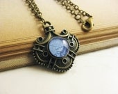 Blue Vintage Map Necklace - Antique Bronze Stamping Pendant - resin jewelry - antique bronze chain