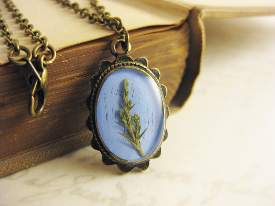 Pine Needle Necklace with antique brass setting - Botanical Jewelry - blue resin pendant necklace